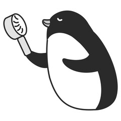 ミニ扇風機を使うペンギンのイラスト（白黒）