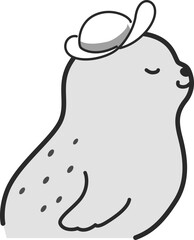 ぼうしを被ったアザラシのイラスト（白黒）