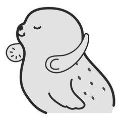 首にかける扇風機（ネックファン）を使うアザラシのイラスト（白黒）