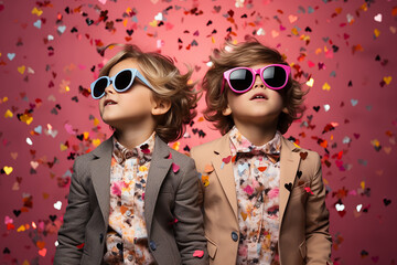 Cute children wearing heart-shaped and pink sunglasses look up at the colorful confetti falling from above. Pink background. Generative AI