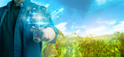 Smart farming ,agriculture concept, farmer use data augmented mixed virtual reality integrate...