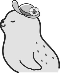 麦わらぼうしを被ったアザラシのイラスト（白黒）