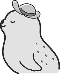 麦わらぼうしを被ったアザラシのイラスト（白黒）