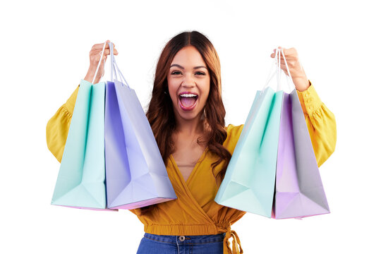 Portrait, sale and happy with woman and shopping bag on png for luxury, boutique or fashion. Cosmetics, deal and store with customer isolated on transparent background for product, excited and retail
