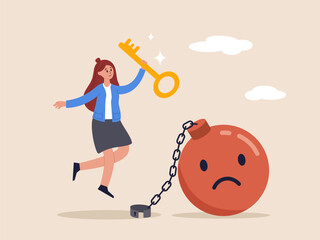 Stress burden. Mental health or depression, getting rid of or escaping from overwhelm. Anxiety or negative thinking, anger or emotional cause of problem, businesswoman with key get rid of depression.