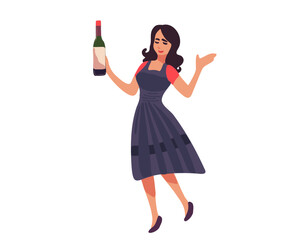 A young woman in a dress holding a bottle of wine. Flat graphic vector illustration isolated on white background