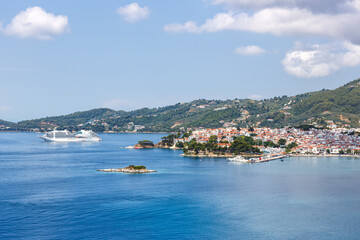 Fototapeta premium Skiathos town with cruise ship vacation at the Mediterranean Sea Aegean island in Greece