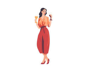 Happy woman holding a glass of red wine in her hands, tasting and enjoying alcohol alone. Flat graphic vector illustration isolated on white background