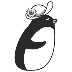 ぼうしを被ったペンギンのイラスト（白黒）