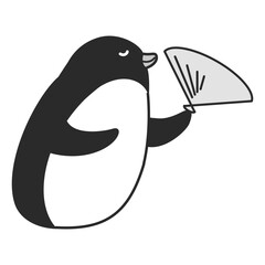 扇子をあおぐペンギンのイラスト（白黒）