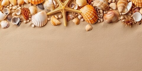 Fototapeta na wymiar Summer template background design with seashells on the sand Generative AI