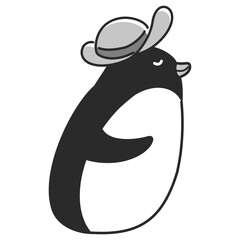 麦わらぼうしを被ったペンギンのイラスト（白黒）