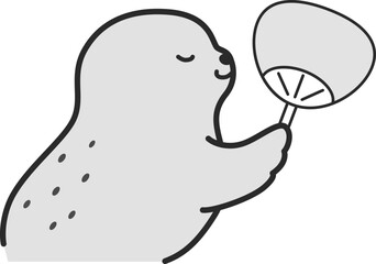 うちわをあおぐアザラシのイラスト（白黒）