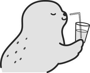 冷たい飲み物を飲むアザラシのイラスト（白黒）