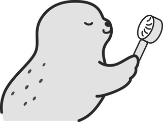 ミニ扇風機を使うアザラシのイラスト（白黒）
