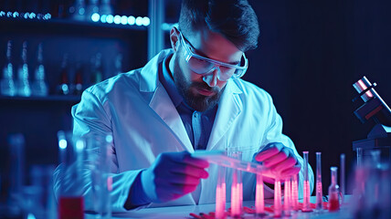 Viorolog researcher examining blood sample from test tube working in modern equipped laboratory. Scientist man analysing vaccine evolution using high tech researching diagnosis - obrazy, fototapety, plakaty