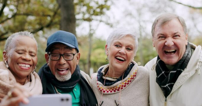 Selfie, laughing and group of senior people in a park or nature for outdoor holiday or vacation smile for a picture together. Memory, phone and happy elderly friends take picture for social media