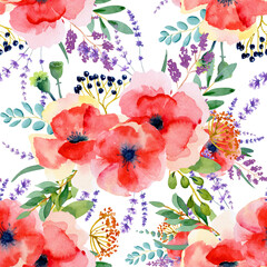 Watercolor, meadow flowers, red poppies and lavender seamless pattern for fabric, packaging, home decor, greeting cards. Red flowers repeat
