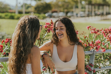 Dos chicas jóvenes juntas sonriendo y disfrutando dandose abrazados y mostrando cariño. Hermanas...