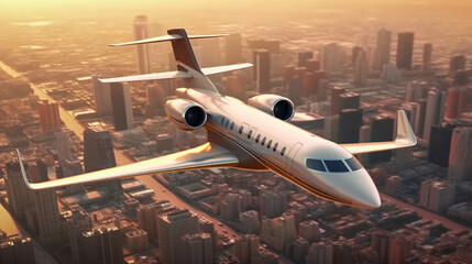 private jet flying over the city. 3d illustration. Clip-art