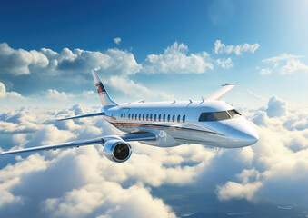 Fototapeta premium Commercial airplane flying above clouds with blue sky.
