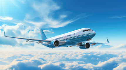 Fototapeta na wymiar Commercial airplane flying above clouds with blue sky.