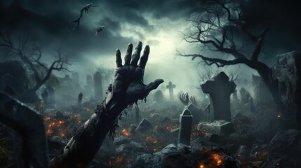 Halloween concept, zombie hand rising out from the ground. Generative Ai.