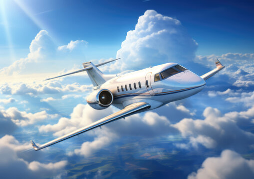 Small private jet flying in the blue sky with clouds.