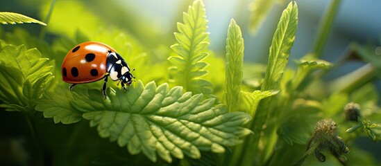 ladybird on a plant in a green nature setting with plenty of space for cop ultrarealistic photo. --ar