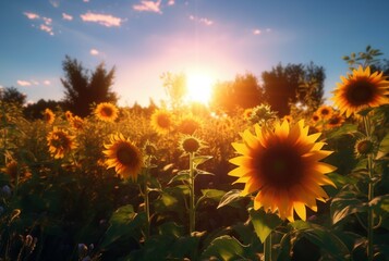 the view of the sunflower garden with the beauty of the sunrise in the morning. generative ai