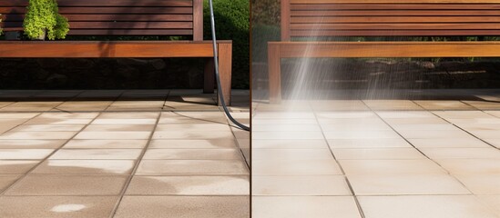 Close-up view of a patio before and after being cleaned using a high-pressure water jet washer. The - obrazy, fototapety, plakaty
