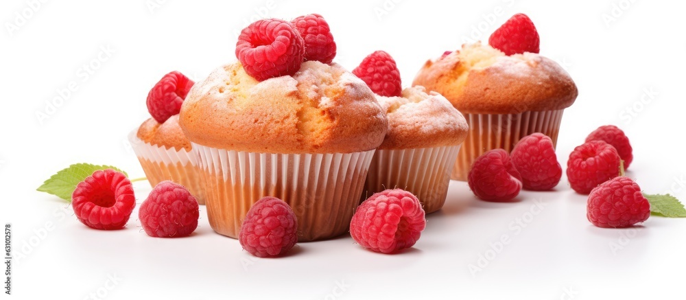 Poster a frame featuring delicious raspberry muffins on a white background