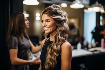 Fototapeta premium Professional hairstylist giving a client a glamorous blowout, Generative AI