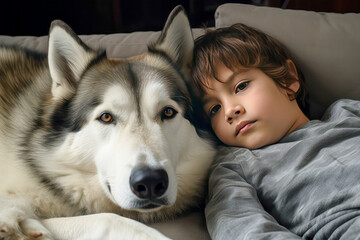 cute boy lying in bed with siberian husky dog. Generative AI