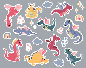 Set of cute hand drawn dragons stickers.