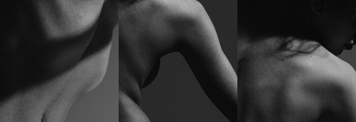 Creative vision on tender female body. Monochrome photography. Different female parts of body, back, hand and belly. Concept of body art, aesthetics, skin and body care, sensuality. Banner, wallpaper - Powered by Adobe