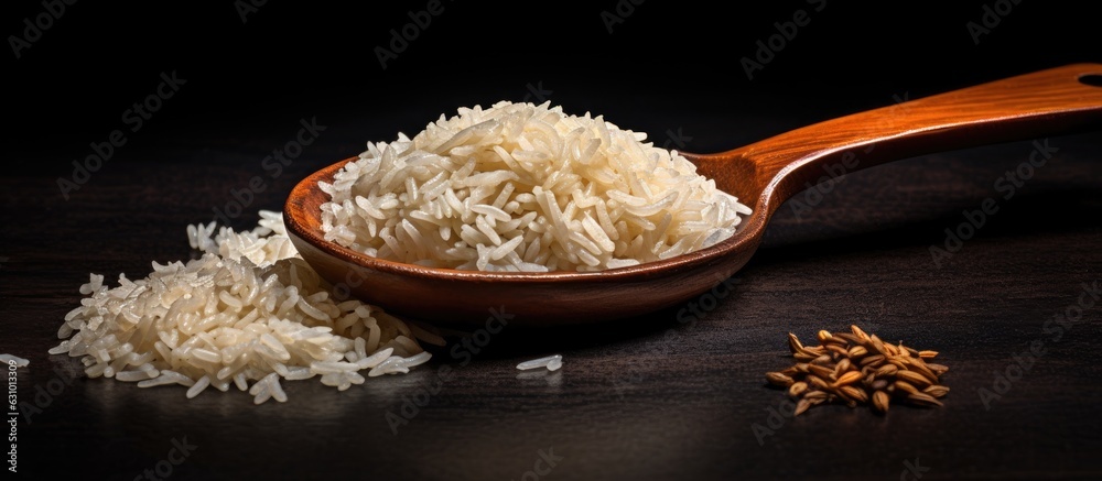Poster uncooked surti kolam rice with a wooden spoon on a black background. there is empty space for text