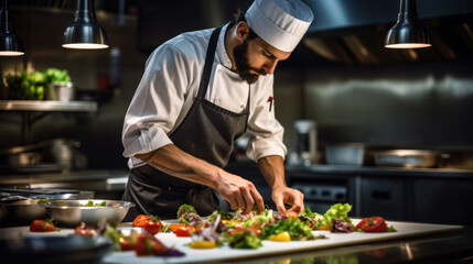 Cook man neatly decorates the dish. young professional chef adding some piquancy to meal. in modern kitchen, at work in uniform