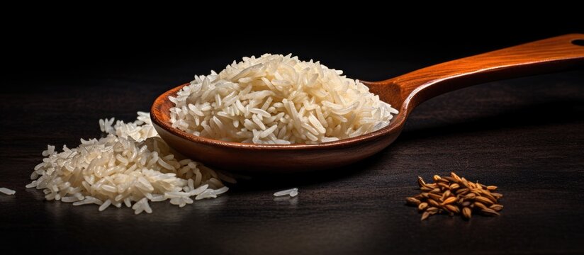 uncooked Surti Kolam rice with a wooden spoon on a black background. There is empty space for text