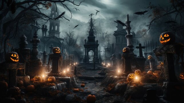 haunted graves: a spectral journey through a graveyard adorned with halloween pumpkins, skulls, and flickering candles, embracing the night's chill. Ai Generated