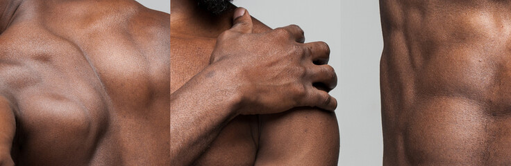 Close-up image of muscular, strong, dark colored male body. Masculinity. Male beauty. Concept of...