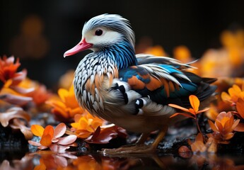 Obraz premium A colorful mandarin duck stands on some rocks.