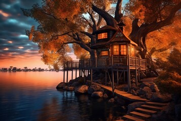view of tree house on lake with sunset beauty. generative ai