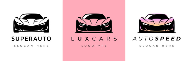 Sports car logo icon set. Luxuty motor vehicle dealership emblems. Auto silhouette garage symbols. Vector illustration