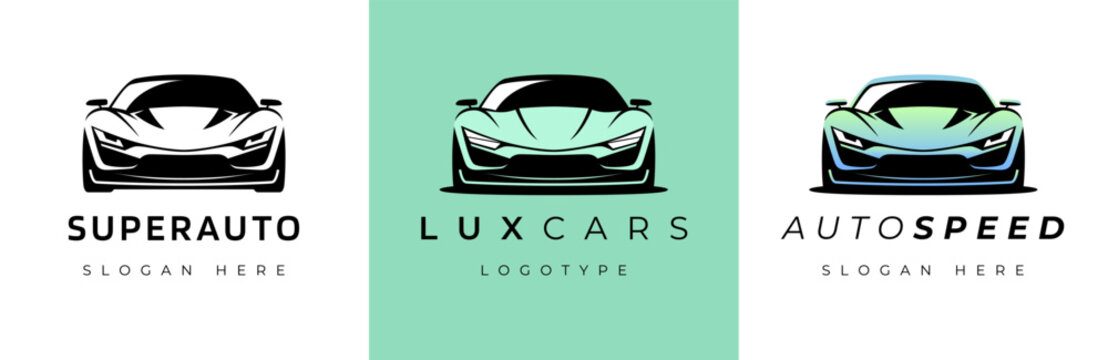 Sports car logo icon set. Luxuty motor vehicle dealership emblems. Auto silhouette garage symbols. Vector illustration