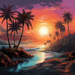 Retro 80s sunsets with palm trees for t-shirt design
