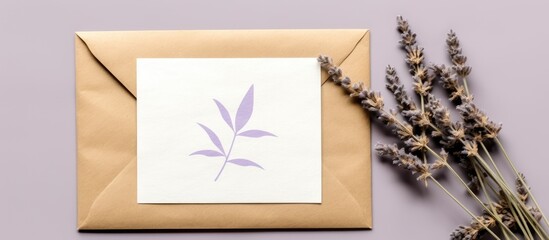 Top view of a greeting or invitation card mockup with an envelope, lavender, and dried eucalyptus twigs.