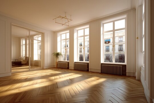 Realistic photo of bright apartment with big windows and light hall inside. Empty room with wooden floor