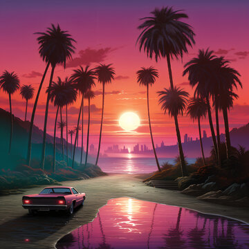 Retro 80s sunsets with palm trees for t-shirt design
