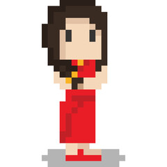 Fototapeta premium Pixel art chinese girl in red dress character 